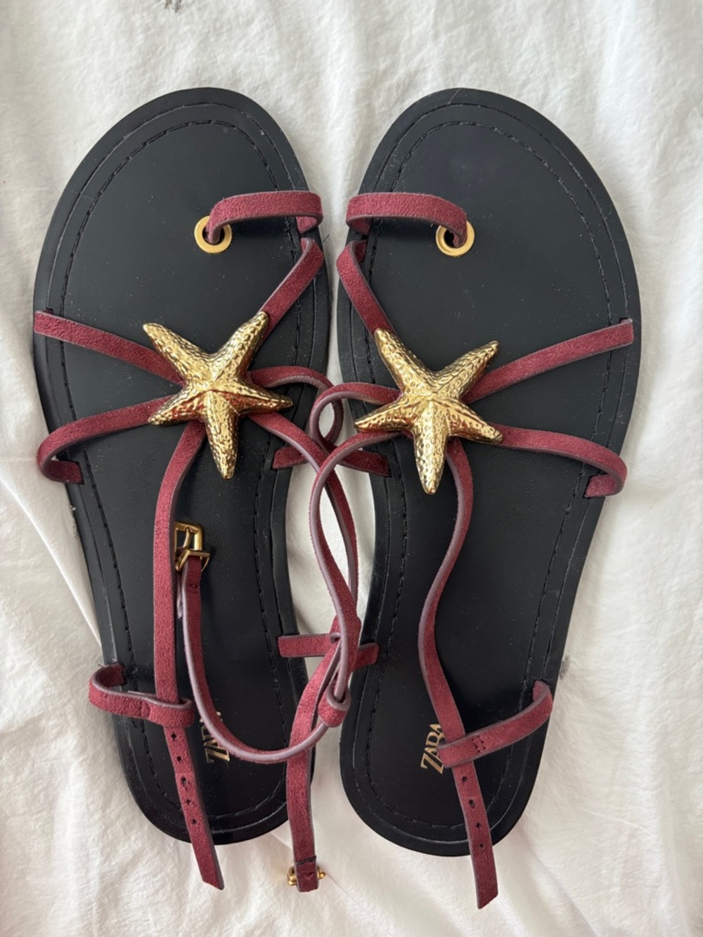 Like NEW! Zara Burgundy Suede Strappy Sandals Gold Starfish Beach Vacation 39